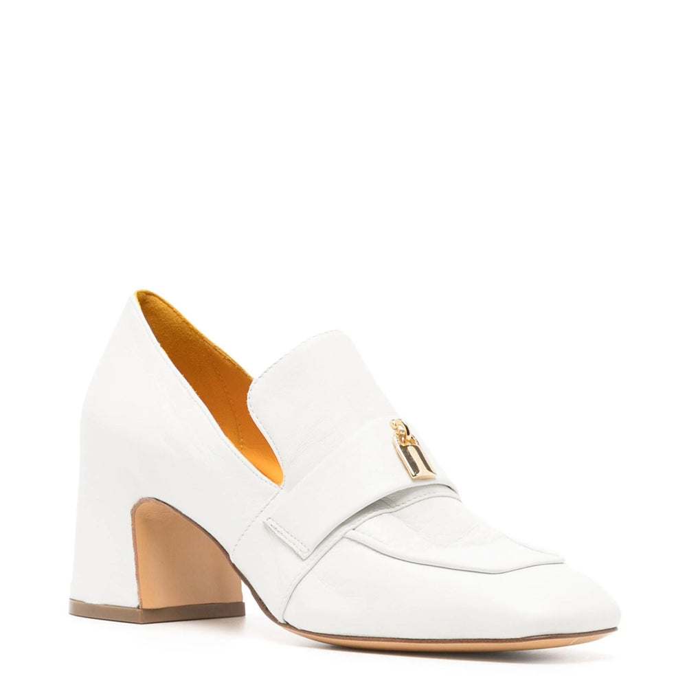 White leather loafer with low block heel and gold-tone side buckle strap