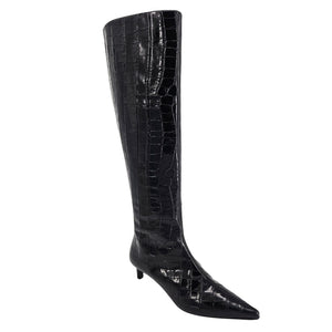 Black tall boot with crocodile-textured finish, pointed toe, and kitten heel