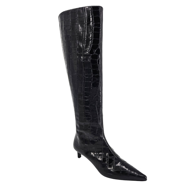 Black tall boot with crocodile-textured finish, pointed toe, and kitten heel