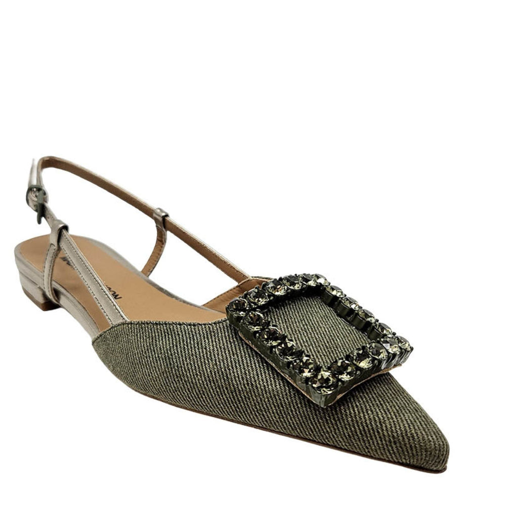 Khaki sling-back flat with jeweled toe and ankle strap, low block heel