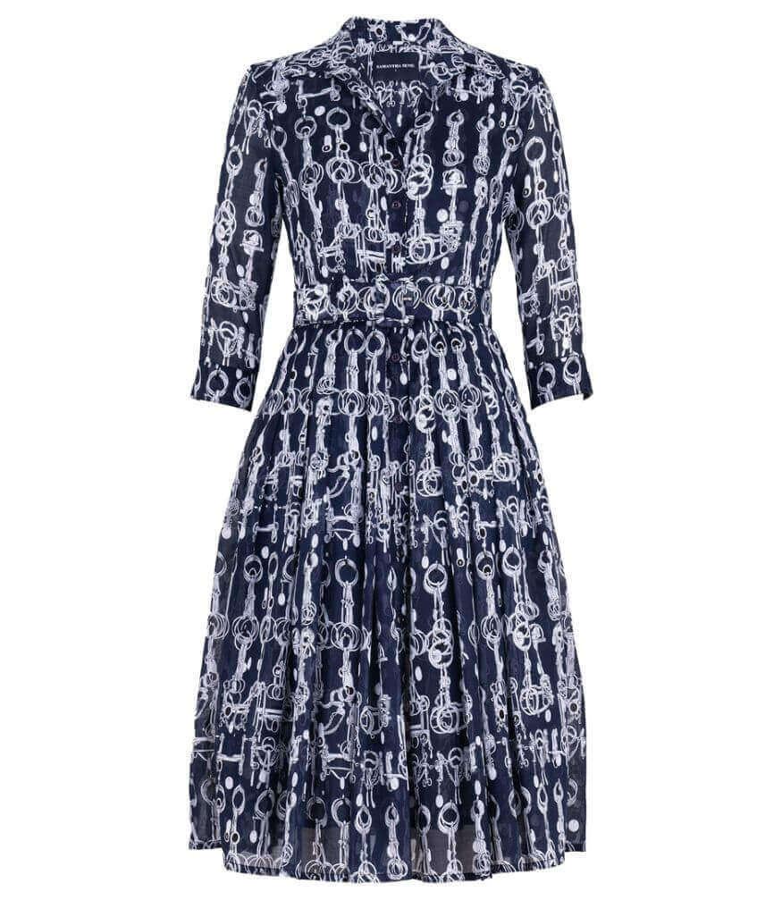 Indigo long-sleeve dress with white chain print, gathered waist, tiered skirt