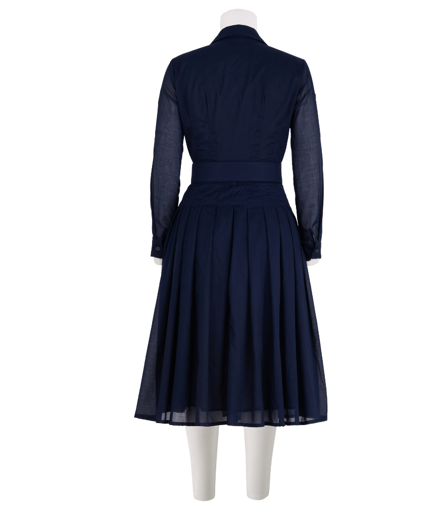 Indigo midi dress with button-up front, long sleeves, pleated skirt and tie belt