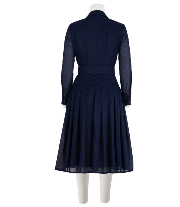 Indigo midi dress, back view, long sleeves with gathered waist and pleated skirt