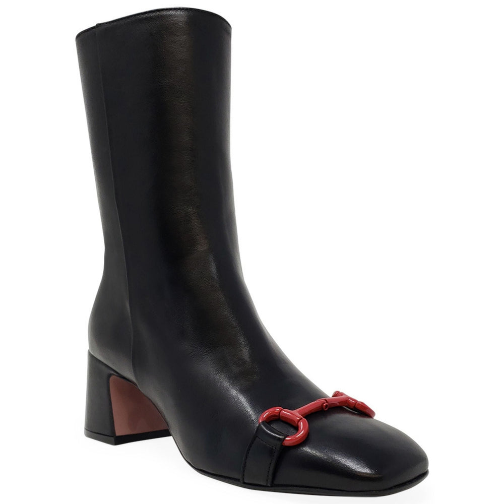 Black leather mid-calf boot with block heel and red back stripe detail