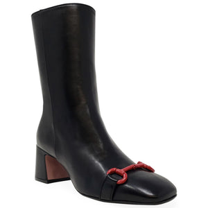 Black leather mid-calf boot with block heel and red ring strap accent