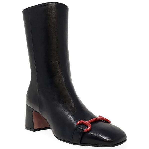 Black leather mid-calf boot with block heel and red ring strap accent