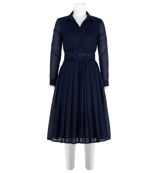 Indigo midi dress with button-up front, long sleeves, pleated skirt and square-buckle belt