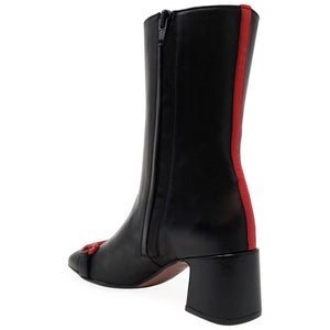 Black leather mid-calf boot with back red stripe and side pull tab