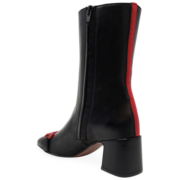Black leather mid-calf boot with back red stripe and side pull tab
