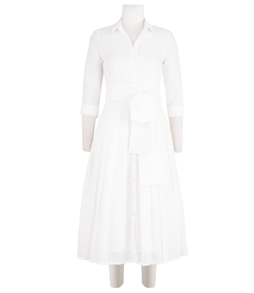 White button-front midi dress with collared neck, 3/4 sleeves, and fabric belt