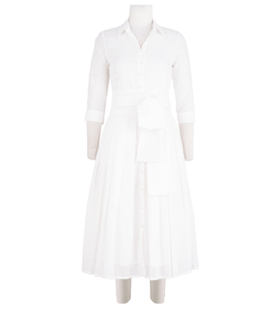 White button-front midi dress with collared neckline, 3/4 sleeves and layered skirt