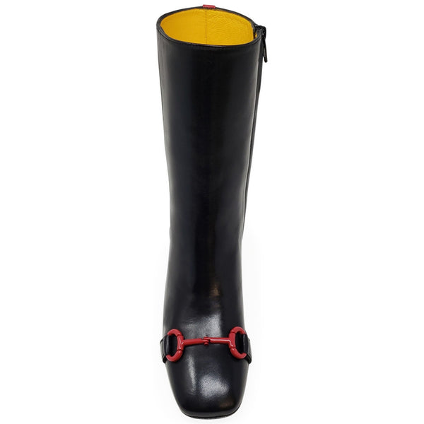 Black leather mid-calf boot with red trim along the back cuff