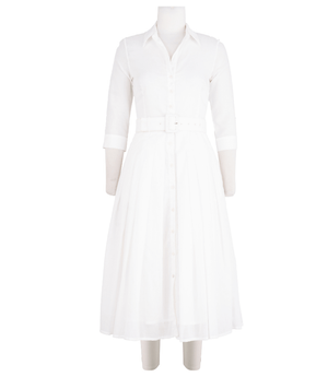 White midi dress with collared neckline, 3/4 sleeves, and fabric belt at waist