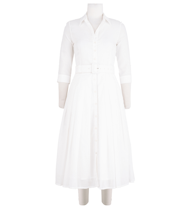 White midi dress with collared neckline, 3/4 sleeves, and fabric belt at waist