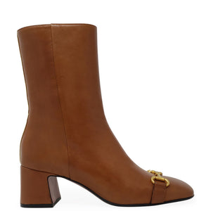 Cognac leather ankle boot with gold buckle strap and block heel