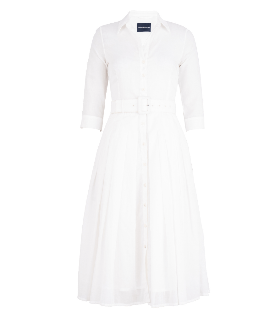 White button-front midi dress with collared neck, 3/4 sleeves, and fabric belt