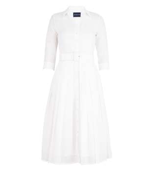 White button-front midi dress with collared neck, 3/4 sleeves, and fabric belt