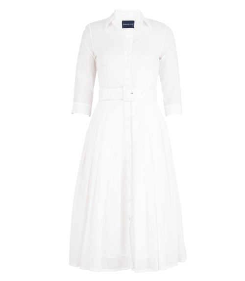White button-front midi dress with collared neck, 3/4 sleeves, and fabric belt
