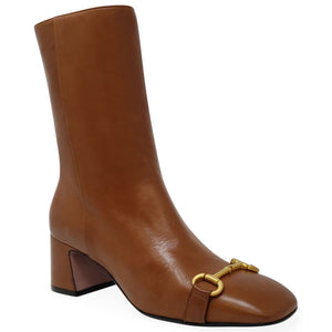 Cognac leather ankle boot with gold buckle strap and low block heel