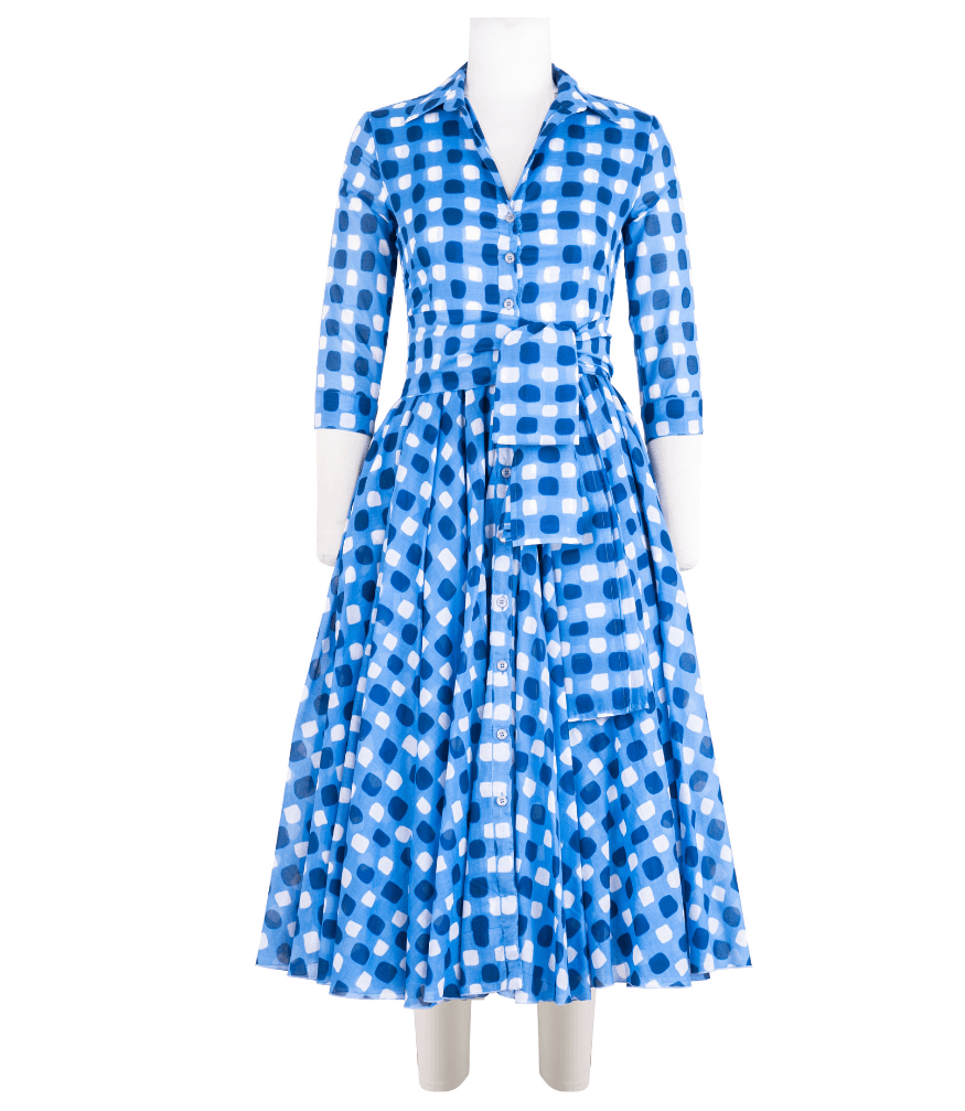 Blue-and-white gingham midi dress with long sleeves, button front, and tie waist