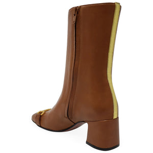 Cognac leather boot with side zipper and contrasting yellow back stripe