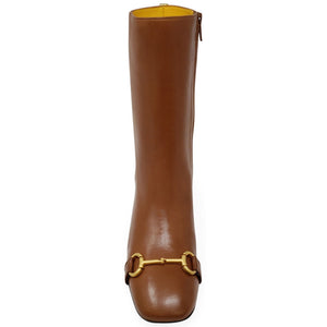 Cognac leather mid-calf boot with gold buckle strap and pull-on top