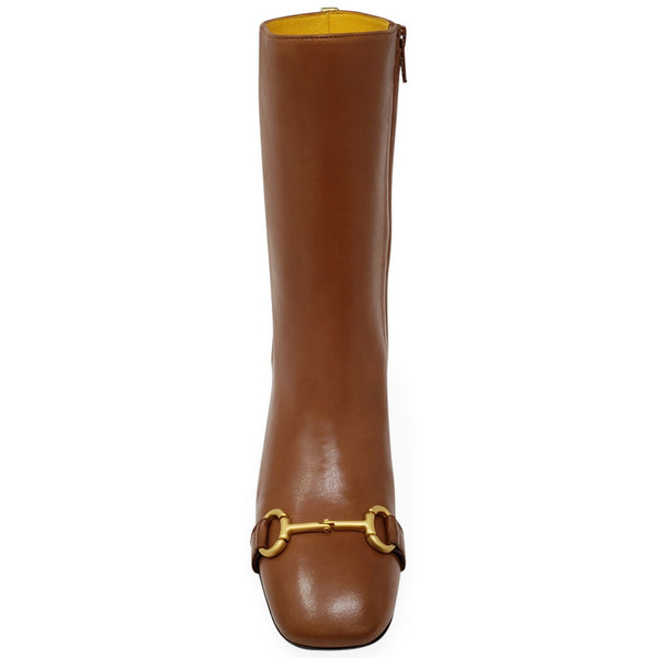 Cognac leather mid-calf boot with gold buckle strap and pull-on top