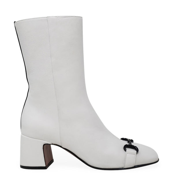 White leather back-strap ankle boot with low block heel and side seam