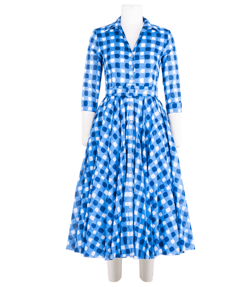 Blue-and-white gingham midi dress with pointed collar, button front, and full skirt