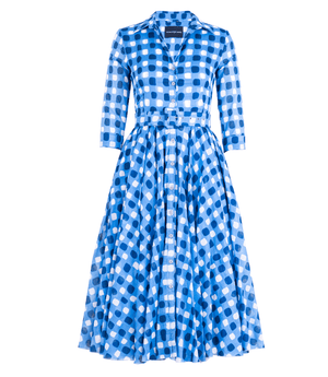 Blue-and-white gingham midi dress with long sleeves, button front, and tie waist