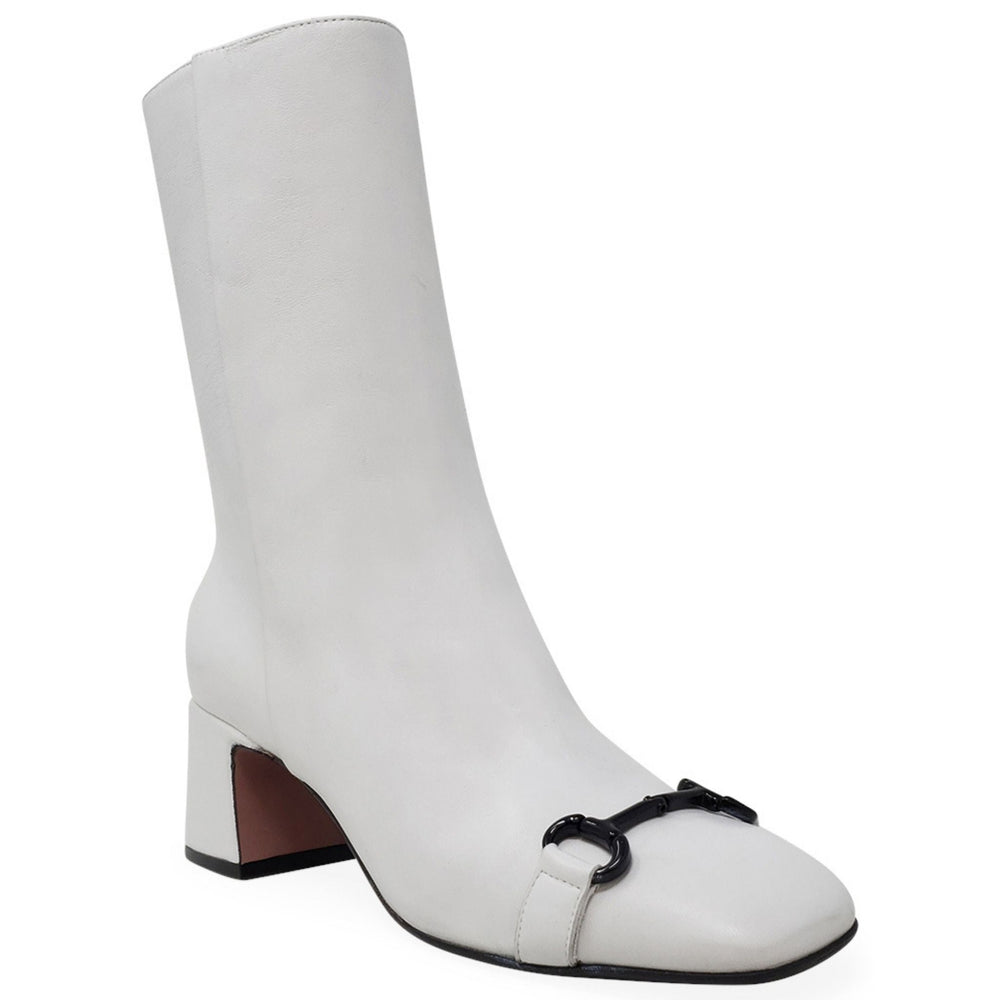 White leather back-strap ankle boot with low block heel and side seam