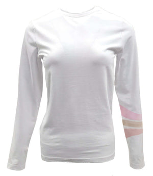 White long-sleeve T-shirt with 3-color sleeve stripes at the cuff