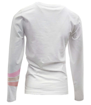 White long-sleeve T-shirt with 3-color stripe band on sleeve cuff (rear view)