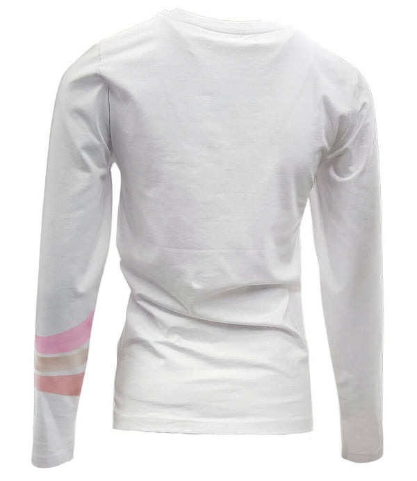 White long-sleeve T-shirt with 3-color stripe band on sleeve cuff (rear view)