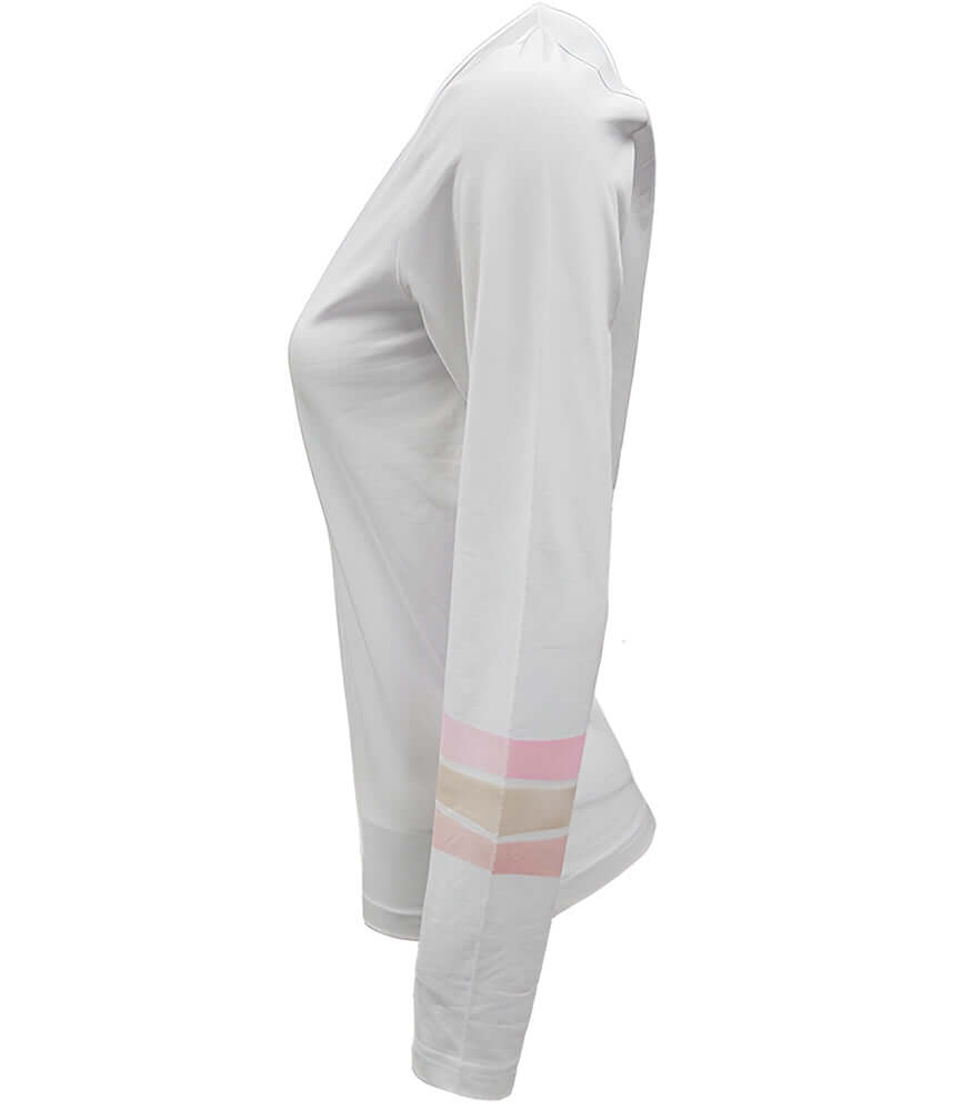 White long-sleeve T-shirt with 3-color sleeve stripes at the cuff