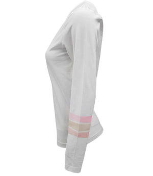 White long-sleeve T-shirt with 3-color stripe band on sleeve hem