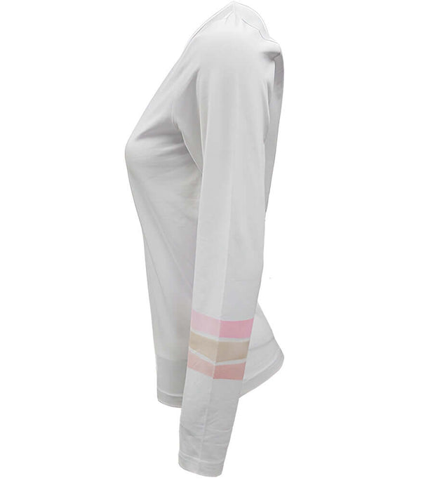 White long-sleeve T-shirt with 3-color stripe band on sleeve hem