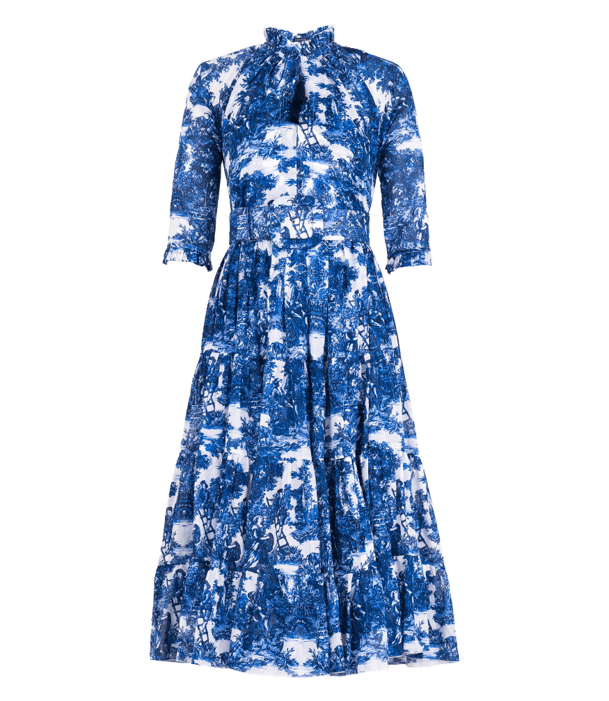 Blue and white printed midi dress, back tie neckline, long gathered skirt