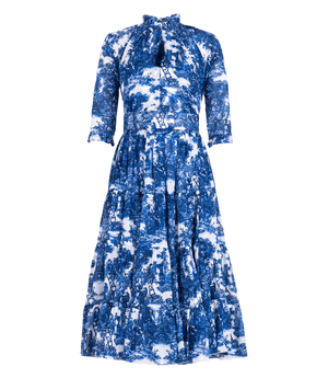 Blue and white printed midi dress, back tie neckline, long gathered skirt