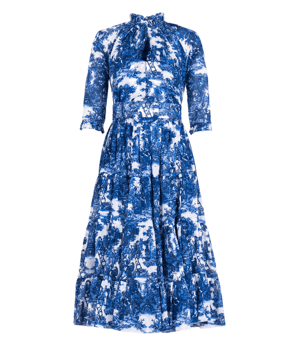 Blue and white printed midi dress, back tie neckline, long gathered skirt