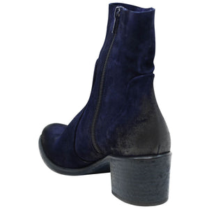 Navy suede ankle boot with side zipper and block heel