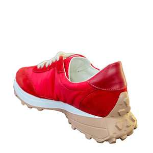 Red Star jogger sneaker, red padded heel and collar with cream laces, chunky blue sole