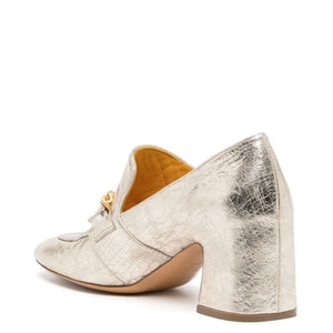 Metallic leather slip-on loafer with gold chain detail and sculpted block heel