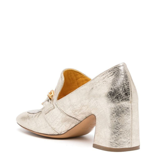 Metallic leather slip-on loafer with gold chain detail and sculpted block heel