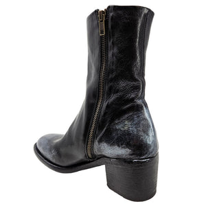Black hand-finished ankle boot with side zipper and block heel