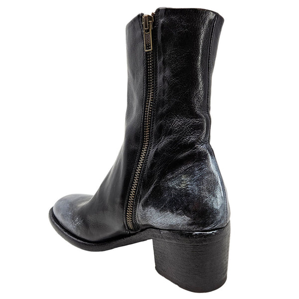 Black hand-finished ankle boot with side zipper and block heel