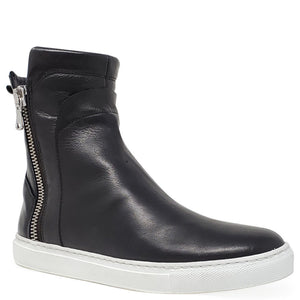 Black leather ankle boot with side zipper and white outsole, no blue shearling visible