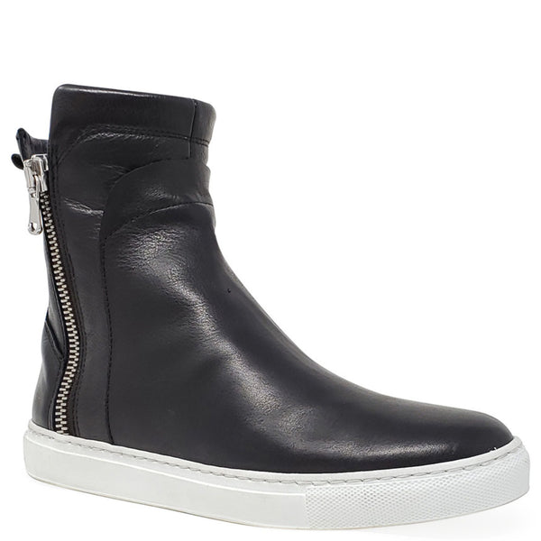 Black leather ankle boot with side zipper and white outsole, no blue shearling visible