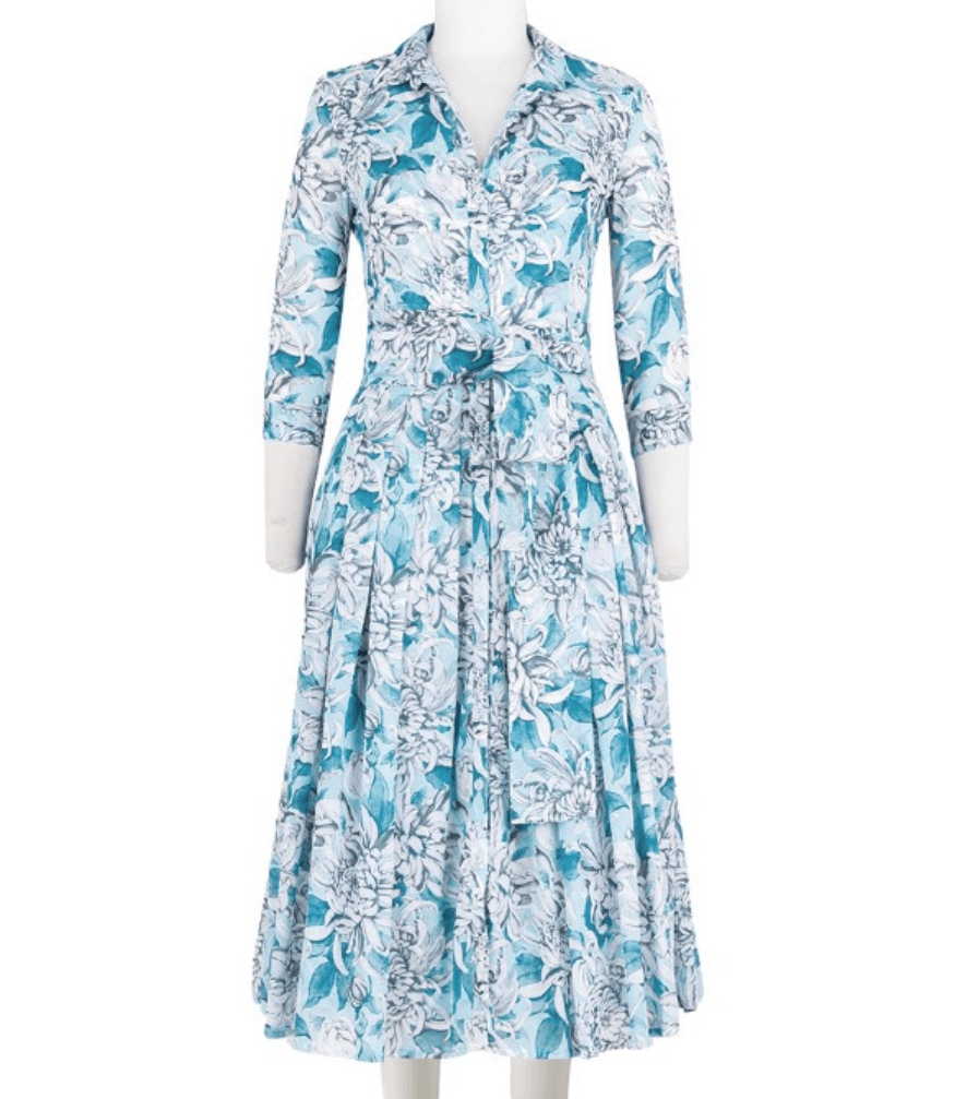 Soft sea blue long floral dress with button-up V-neck and 3/4 sleeves
