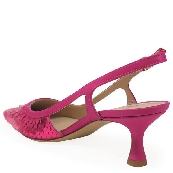 Fuchsia sequin slingback heel with back strap and mid-height stiletto